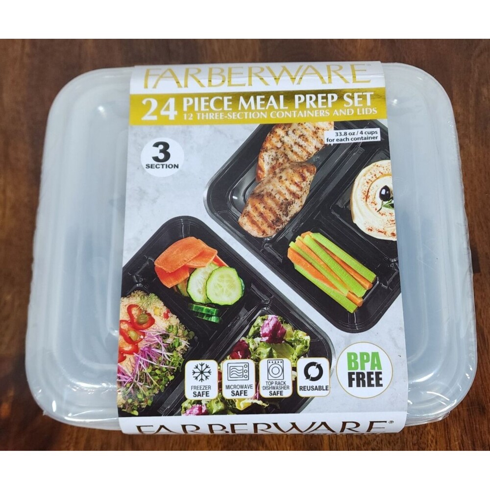 Farberware 24 Piece Meal Prep Set 12 Three Section Containers and Lids